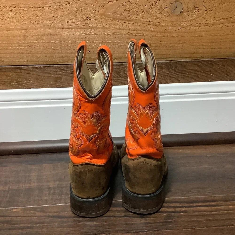 Cody James Kids Cowboy Boots Orange Brown Leather Square Toe BSC1867 Size 11D